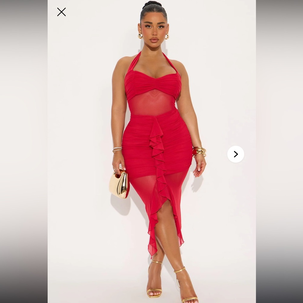 Elegant Red Ruffle Midi Dress